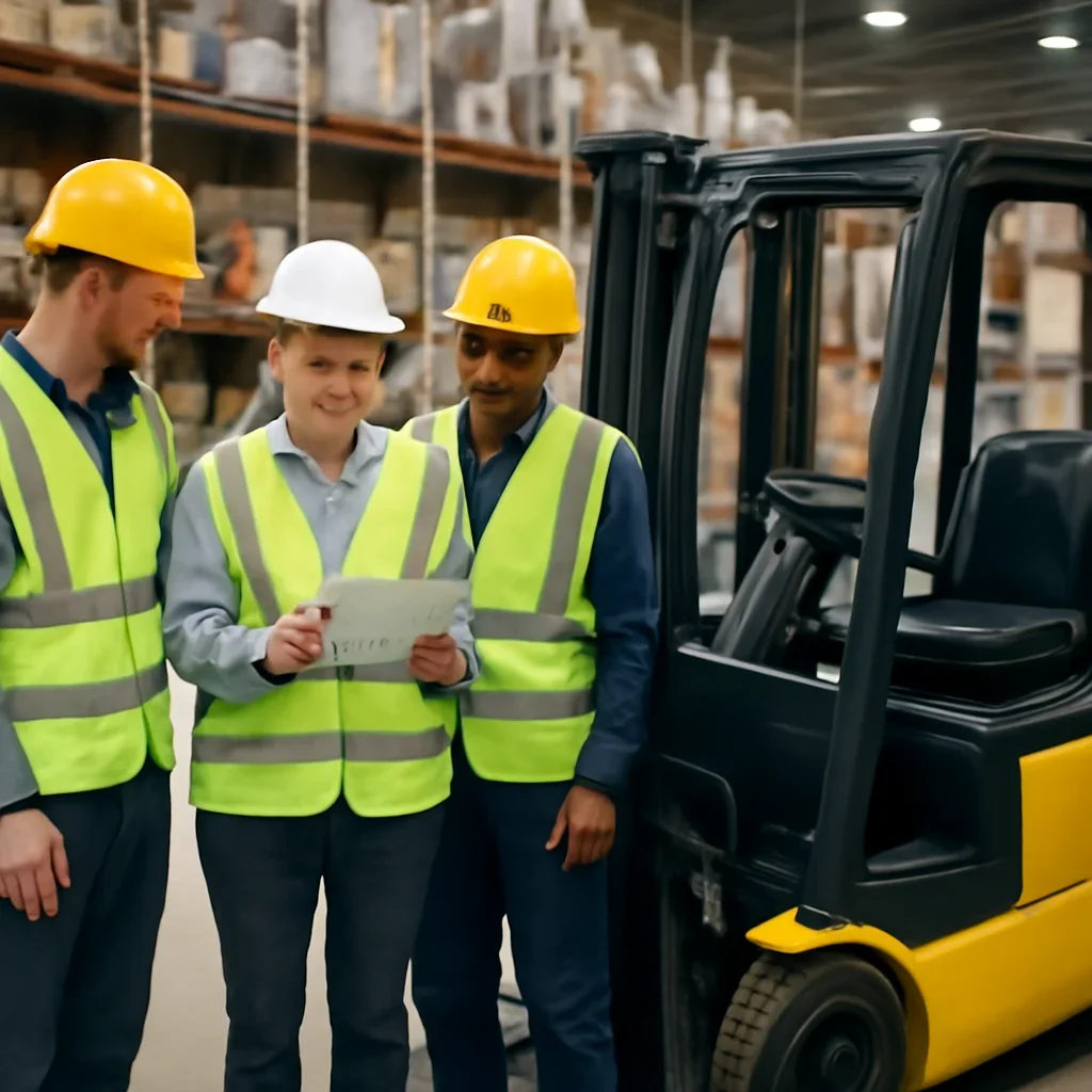 Warehouse team reviewing planned maintenance details beside electric forklift equipment