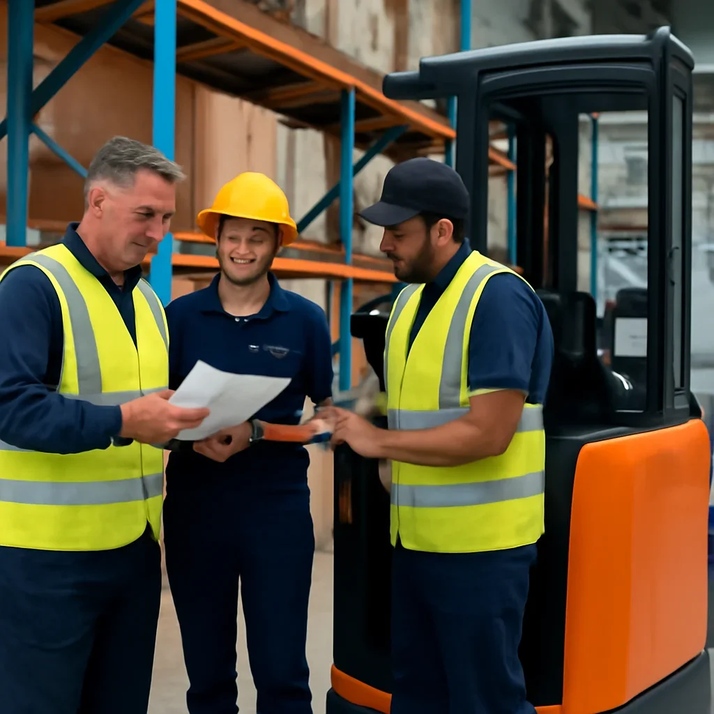 Warehouse team reviewing pricing details beside electric forklift equipment