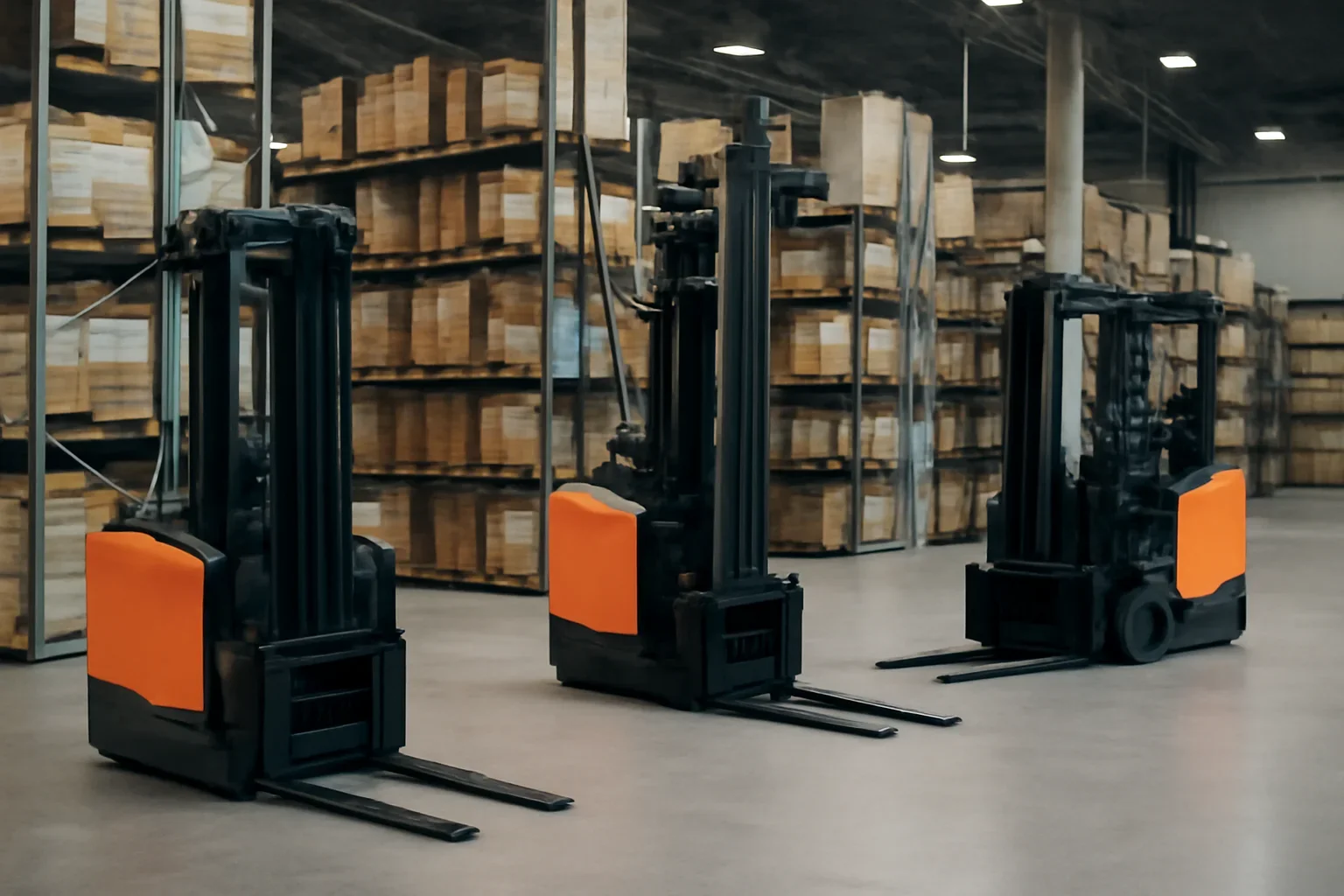 Reach trucks planning scene with electric material handling equipment
