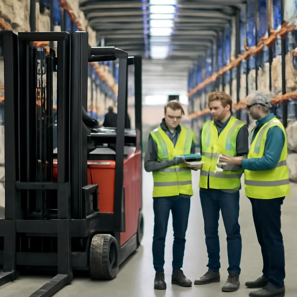 Warehouse team reviewing reach trucks details beside electric forklift equipment