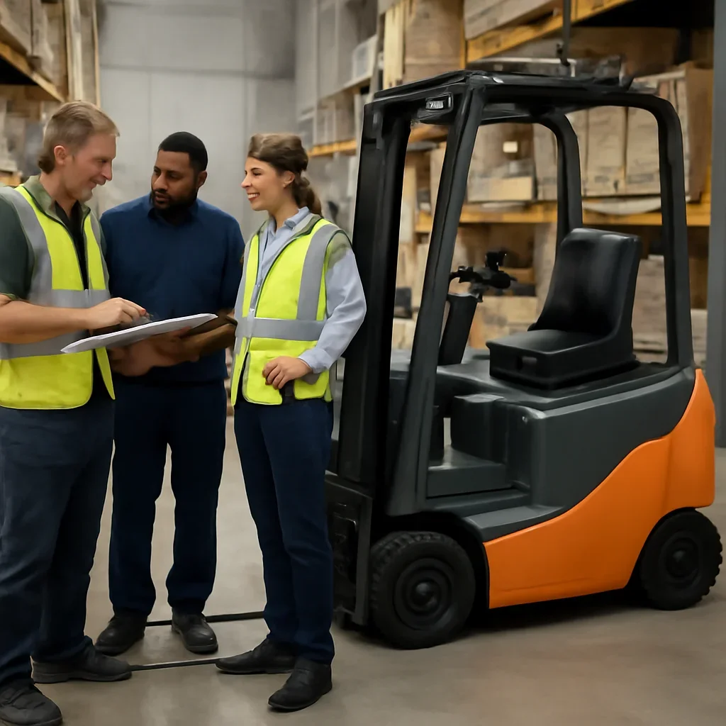 Warehouse team reviewing rentals details beside electric forklift equipment