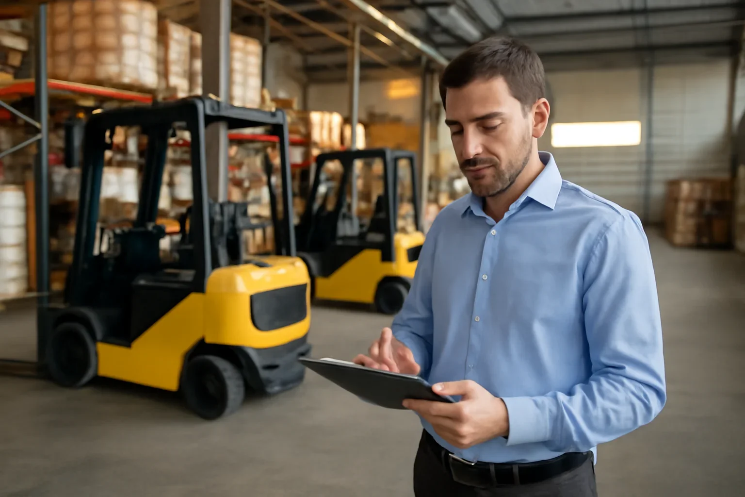Manager reviewing forklift requirements for a quote