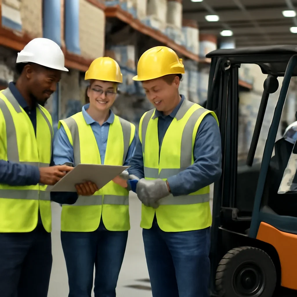 Warehouse team reviewing safety inspections details beside electric forklift equipment