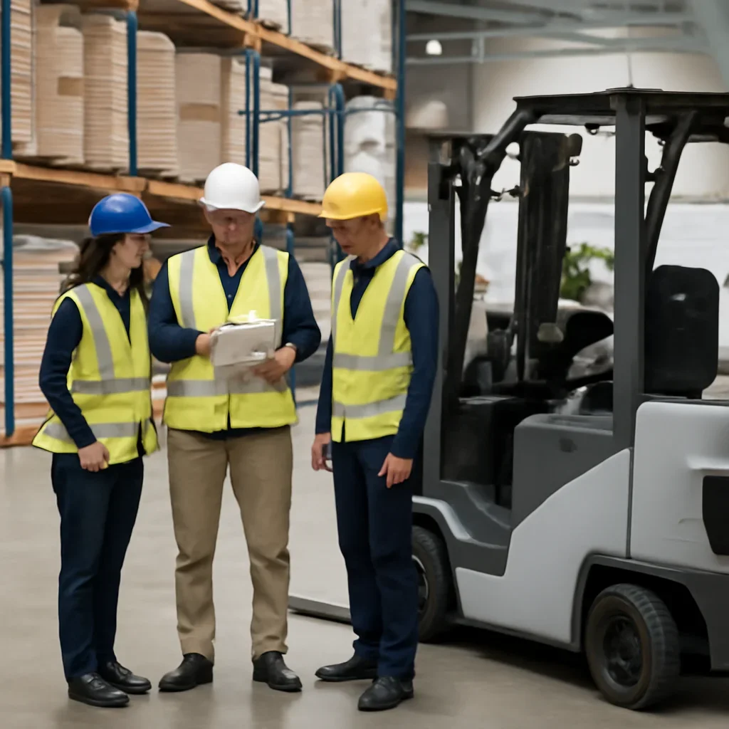 Warehouse team reviewing service area details beside electric forklift equipment