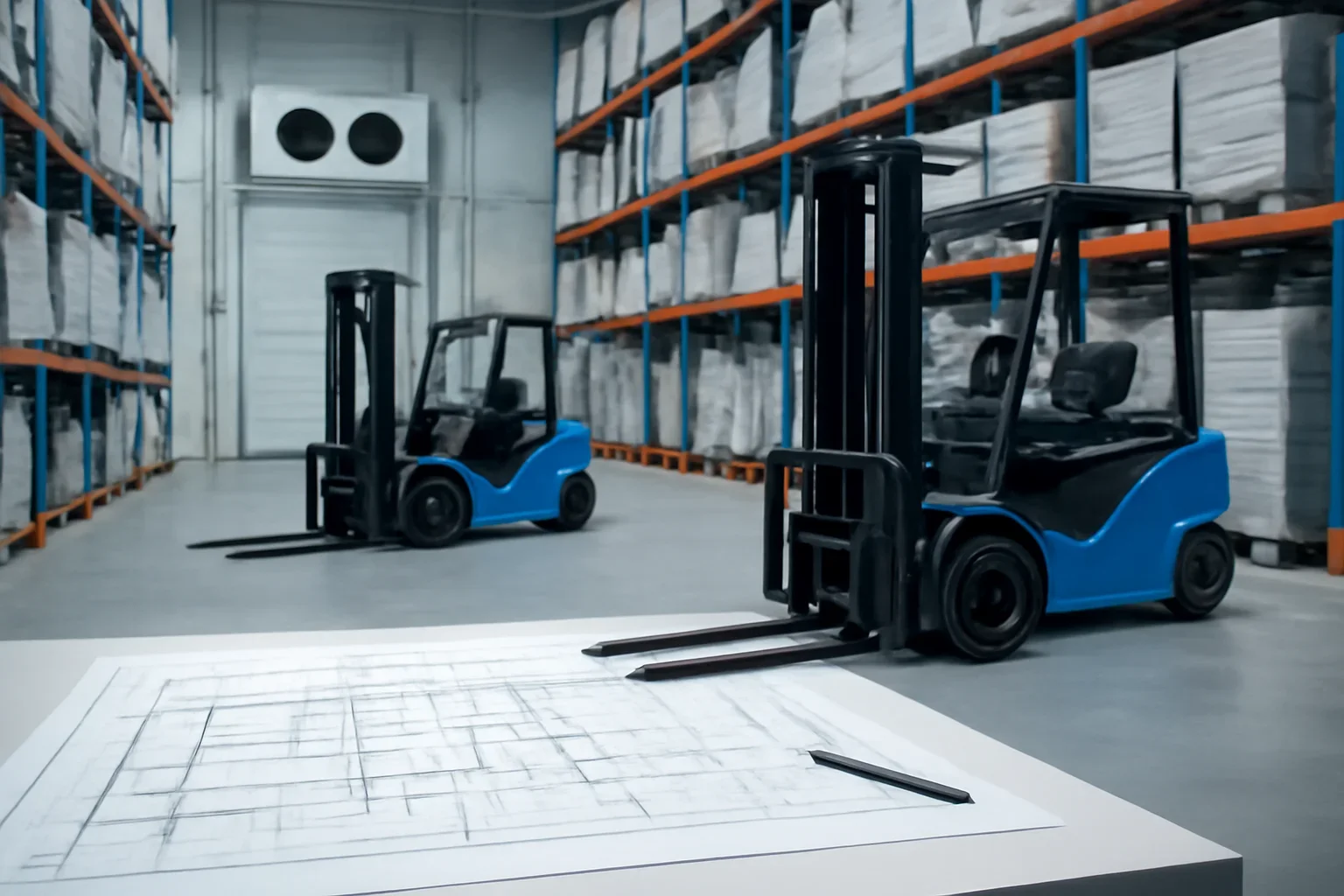 Cold storage solutions planning scene with electric material handling equipment
