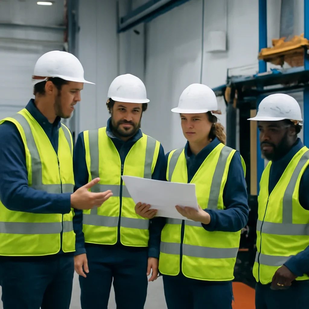 Warehouse team reviewing cold storage solutions details beside electric forklift equipment