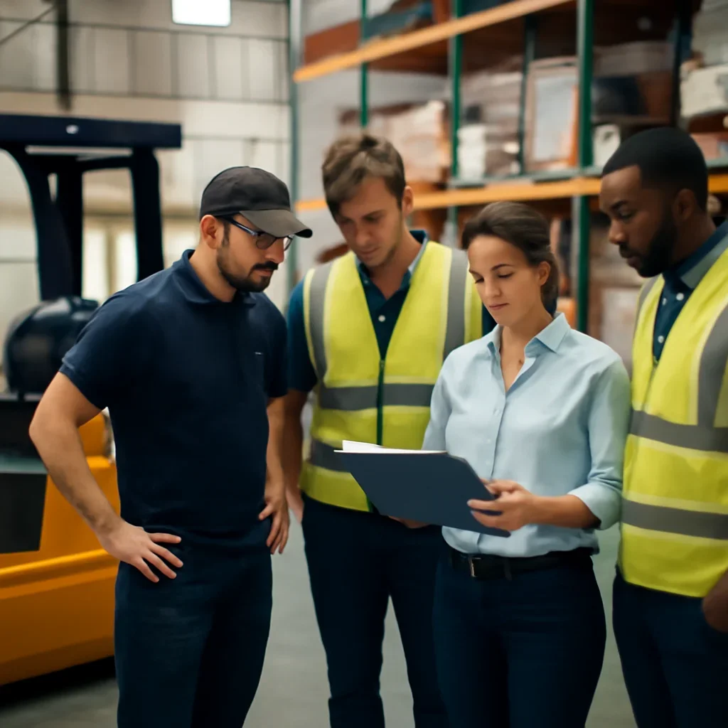 Warehouse team reviewing distribution center solutions details beside electric forklift equipment