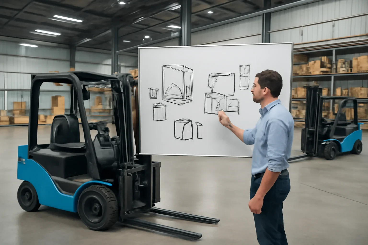 Fleet electrification solutions planning scene with electric material handling equipment