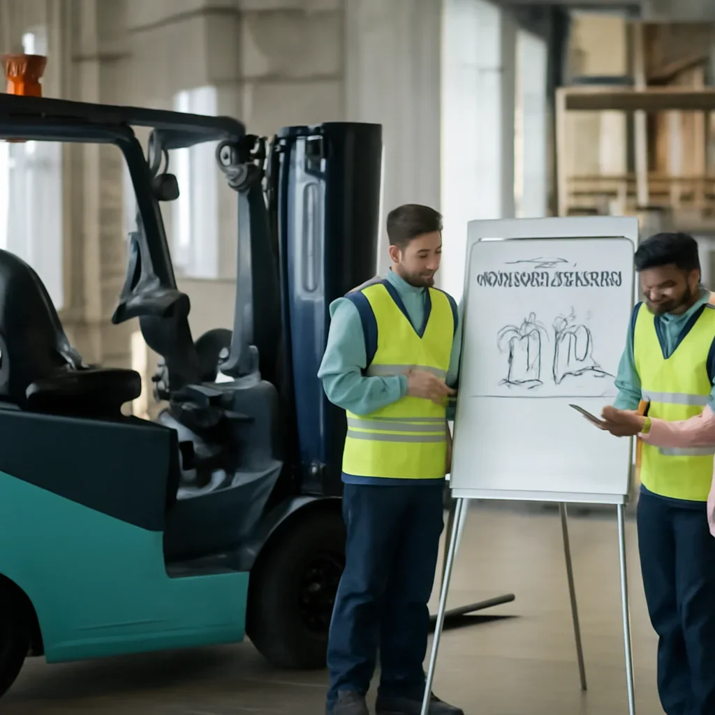 Warehouse team reviewing fleet electrification solutions details beside electric forklift equipment