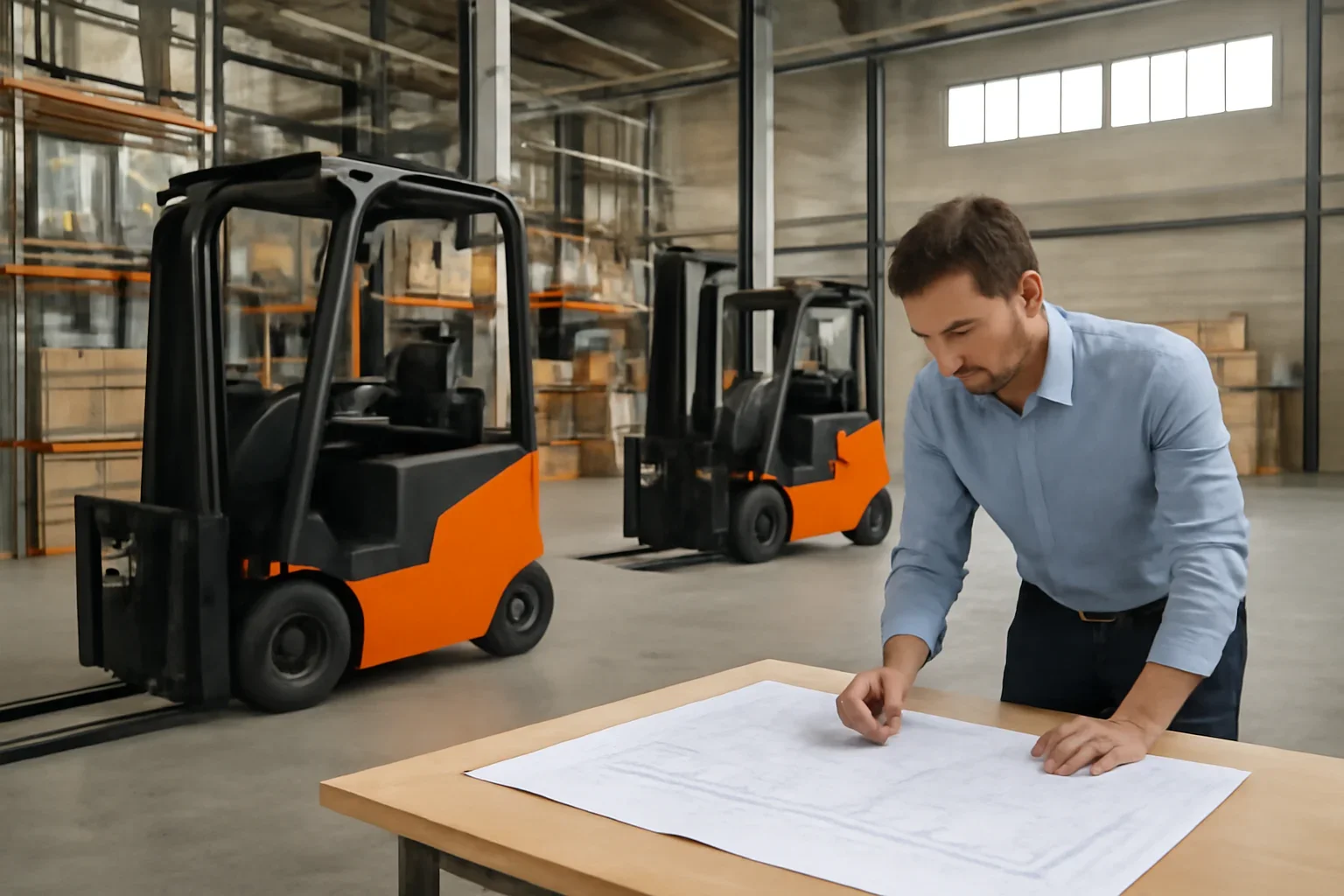 Manufacturing solutions planning scene with electric material handling equipment