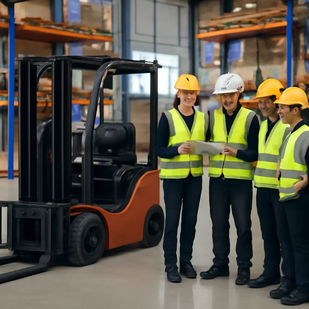 Warehouse team reviewing manufacturing solutions details beside electric forklift equipment