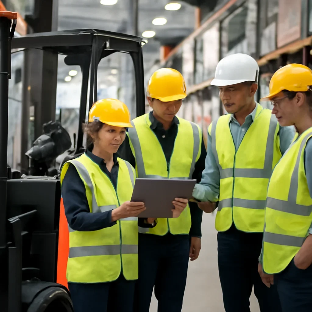 Warehouse team reviewing solutions details beside electric forklift equipment