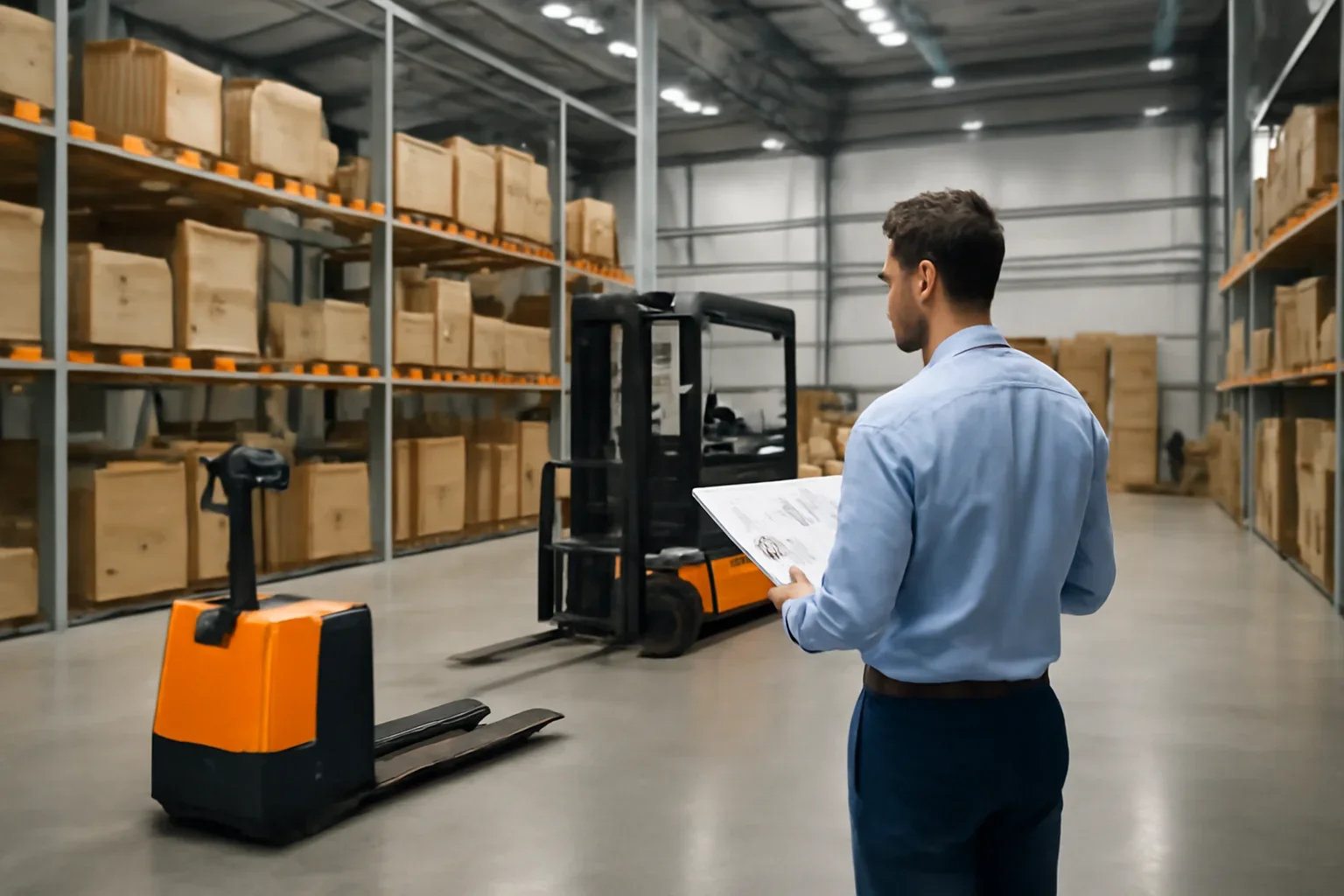 Warehouse operations solutions planning scene with electric material handling equipment
