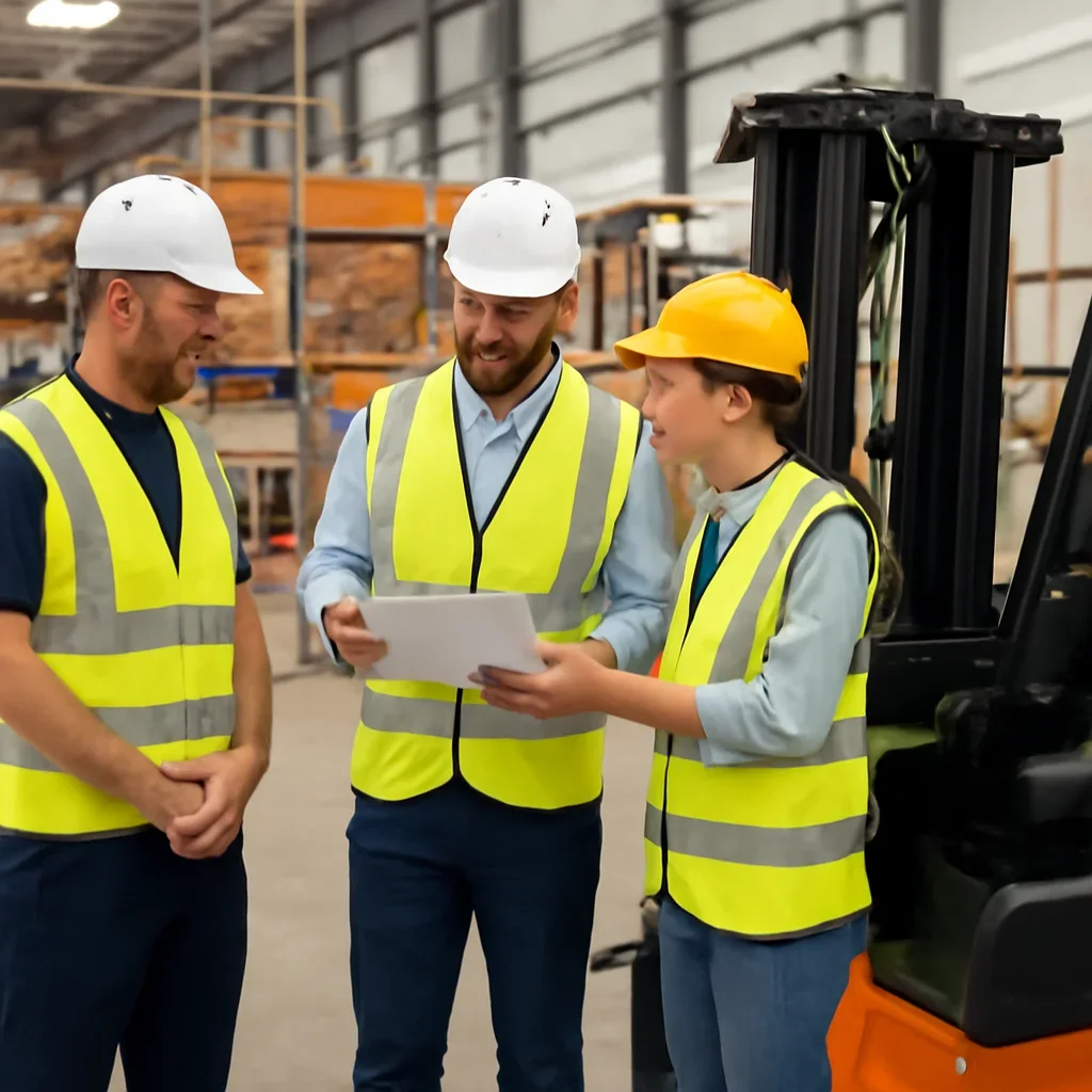 Warehouse team reviewing warehouse operations solutions details beside electric forklift equipment