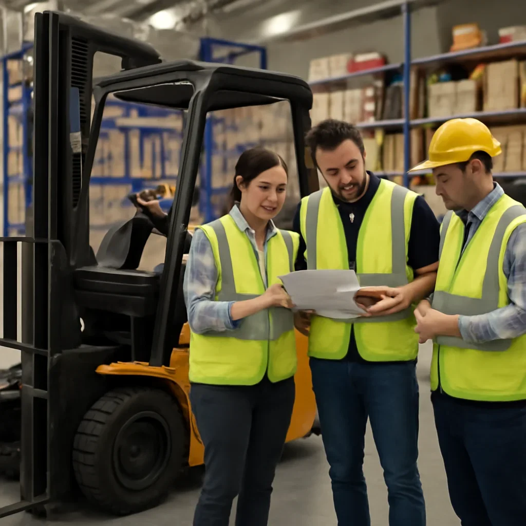 Warehouse team reviewing sugar land used electric forklifts details beside electric forklift equipment