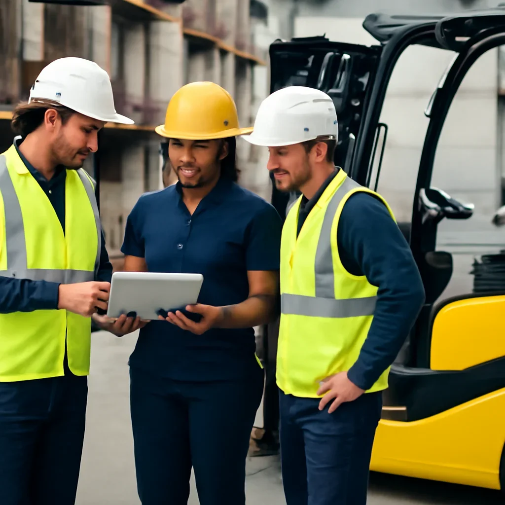 Warehouse team reviewing support details beside electric forklift equipment
