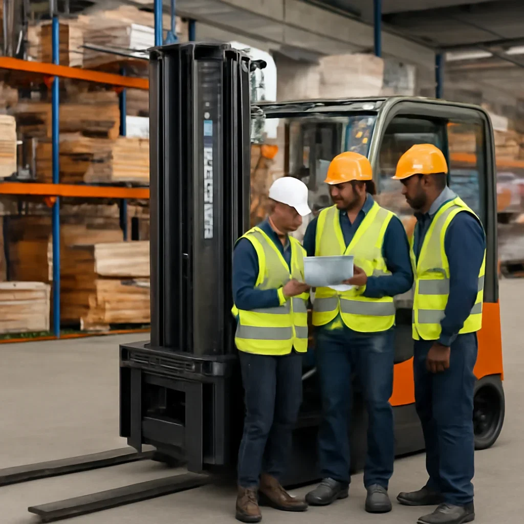 Warehouse team reviewing the woodlands electric forklift service details beside electric forklift equipment