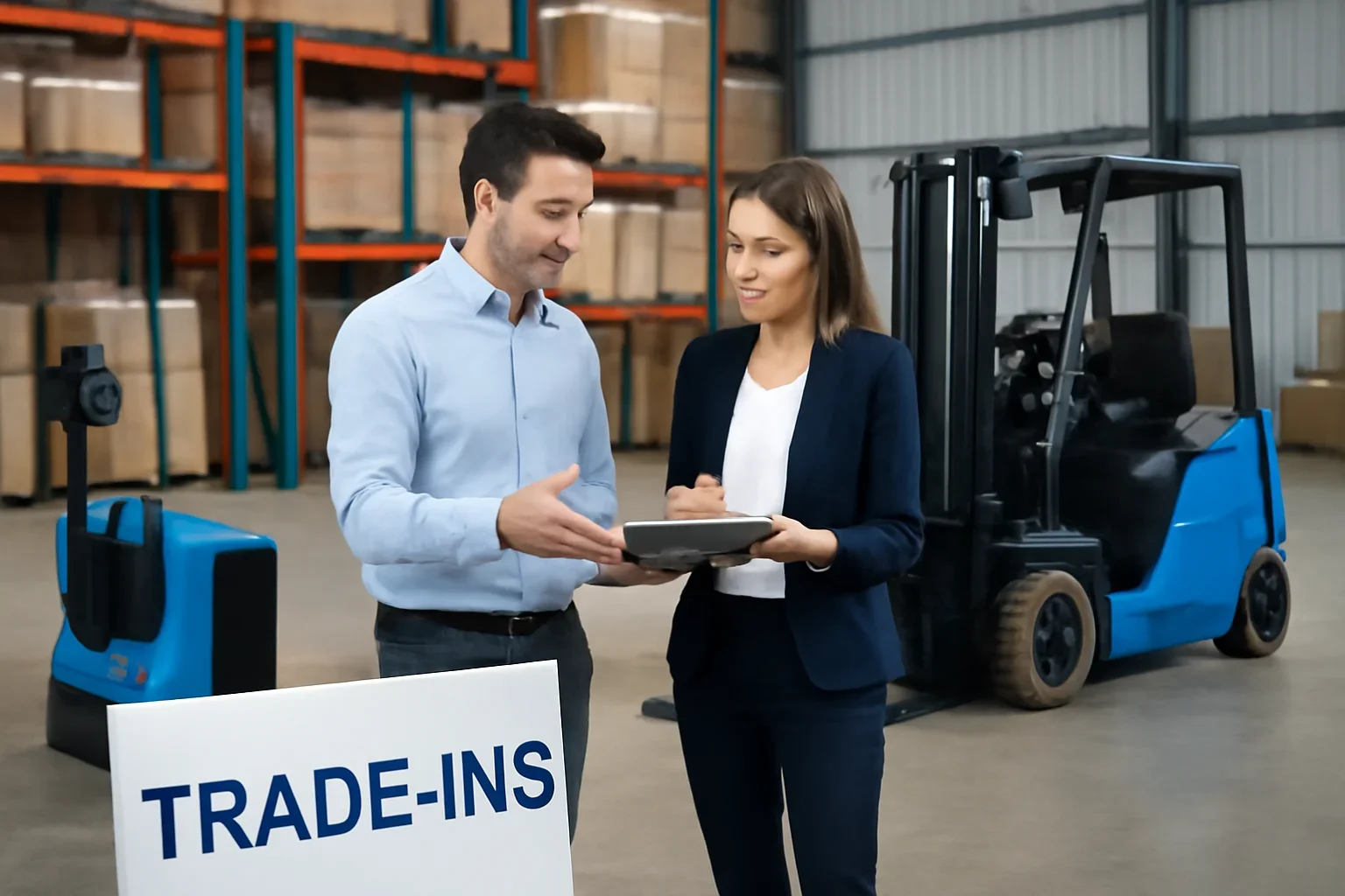 Trade-ins planning scene with electric material handling equipment