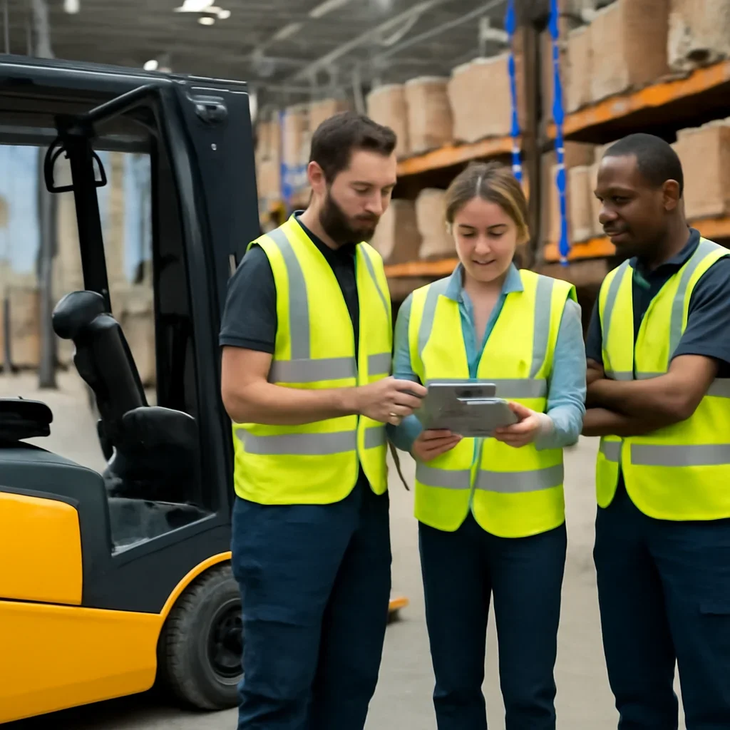Warehouse team reviewing trade-ins details beside electric forklift equipment