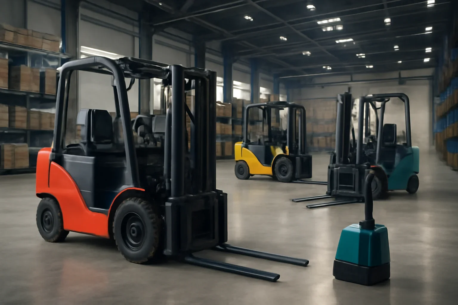Used electric forklifts planning scene with electric material handling equipment
