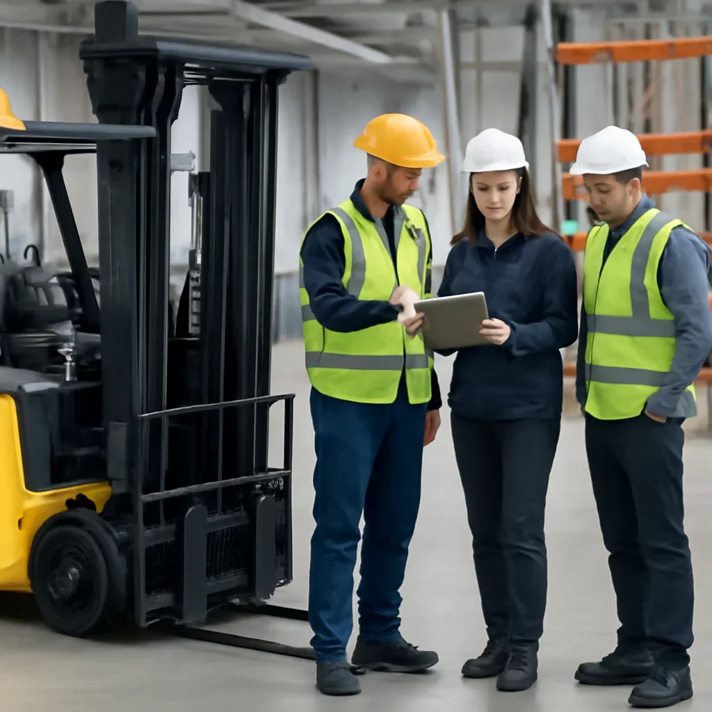 Warehouse team reviewing used electric forklifts details beside electric forklift equipment