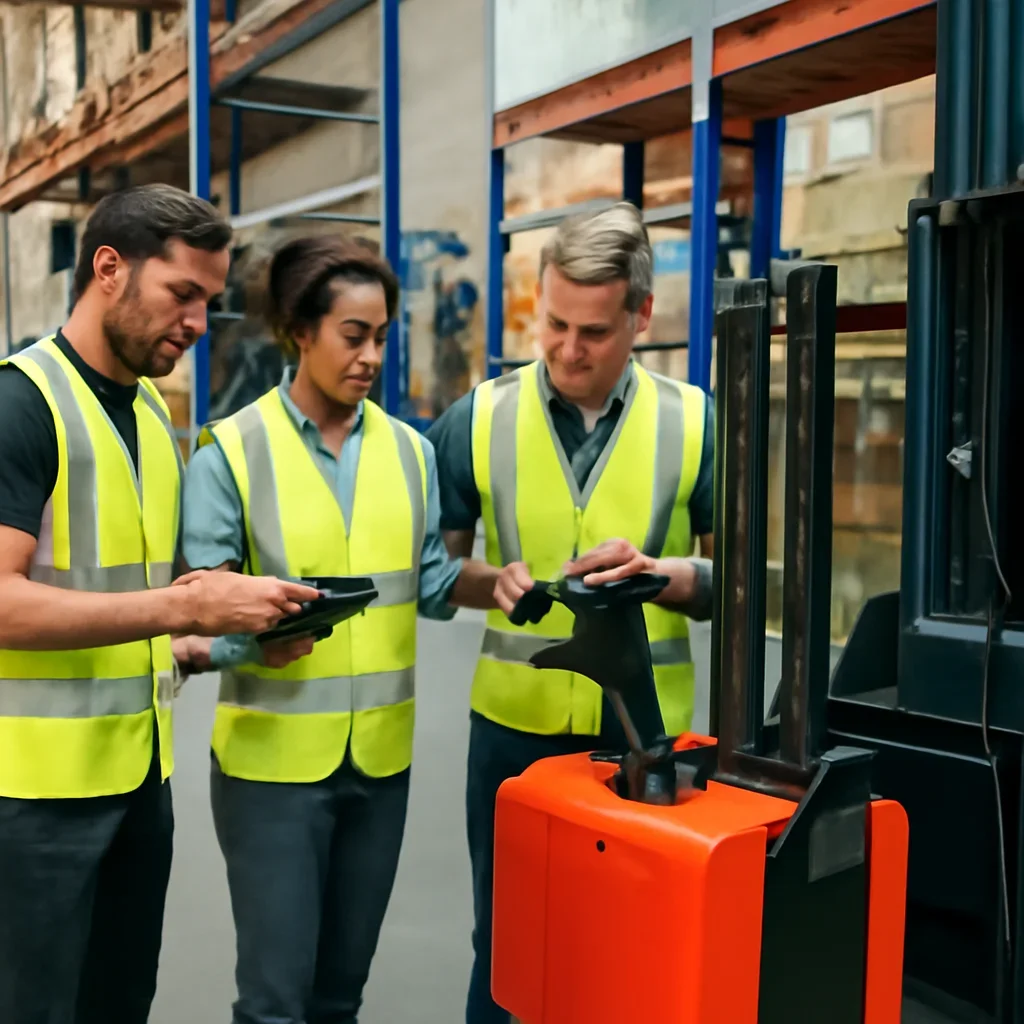 Warehouse team reviewing walkie stackers details beside electric forklift equipment