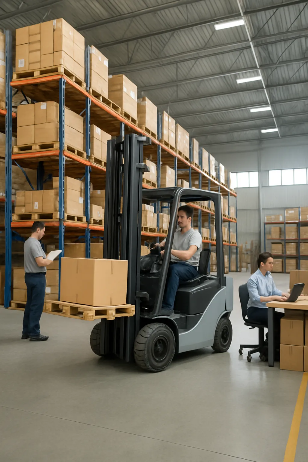 Electric forklift supporting improved indoor air quality in a warehouse